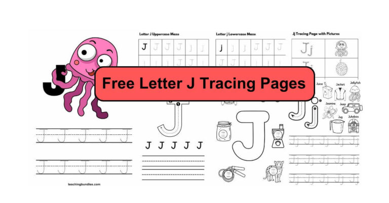 Letter J tracing worksheet packet with uppercase and lowercase J and related pictures.