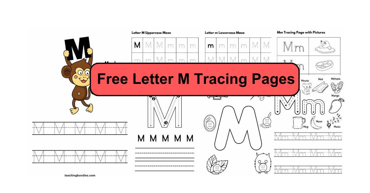 Bundle of letter M tracing worksheets for kids, featuring multiple pages with uppercase and lowercase M outlines in dashed lines for tracing.