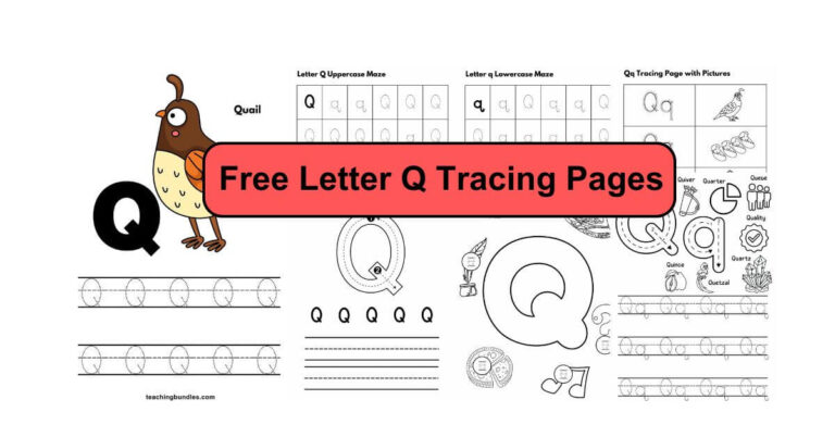 Handwriting practice sheets for letter Q tracing, featuring dotted letters and kid-friendly example pictures.