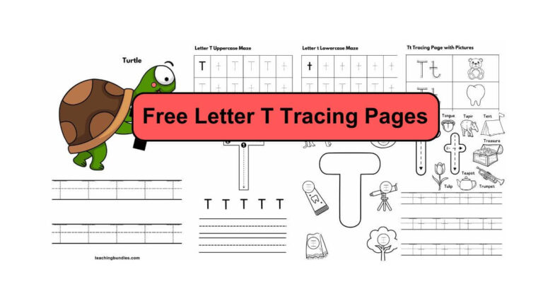 Letter T tracing activities with uppercase and lowercase letters and tracing guides.