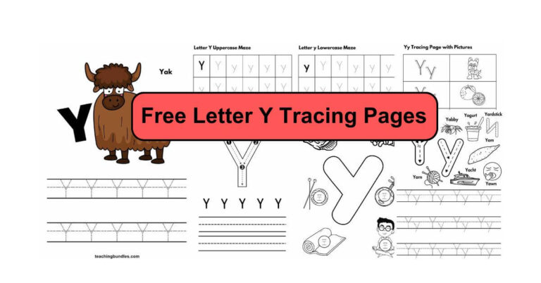Preschool alphabet tracing sheets focused on letter Y with images.