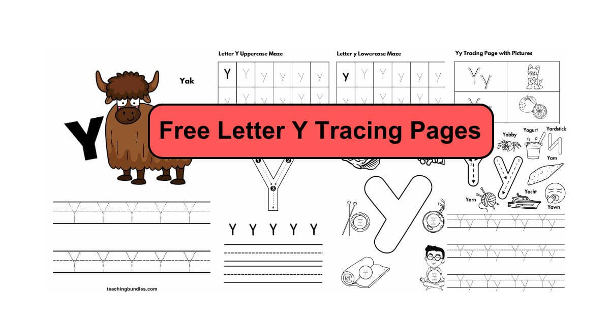 Preschool alphabet tracing sheets focused on letter Y with images.