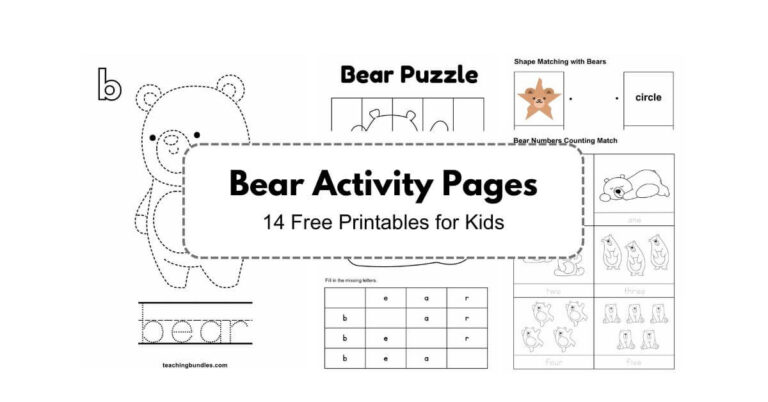 Printable bear activity sheets for kids, including coloring, tracing, and fun learning activities.