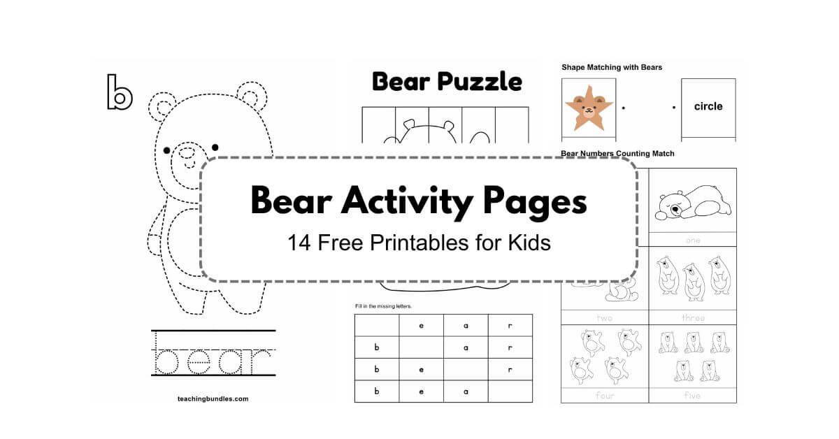 Printable bear activity sheets for kids, including coloring, tracing, and fun learning activities.