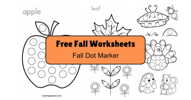 Autumn-themed printable dot marker activity pages featuring pumpkins, leaves and acorns.