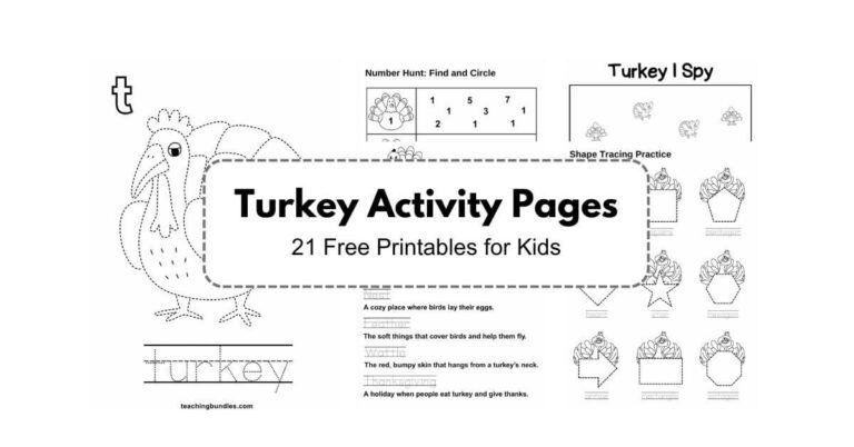 Thanksgiving turkey-themed activity sheets for kids to enjoy while developing fine motor skills.