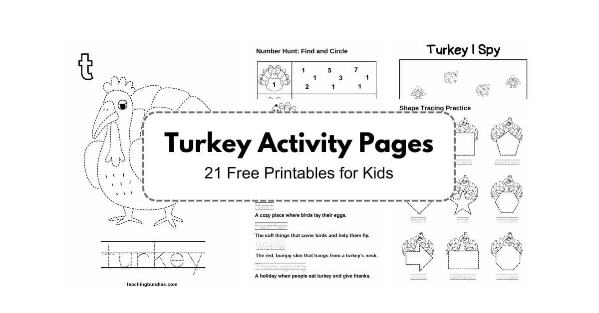 Thanksgiving turkey-themed activity sheets for kids to enjoy while developing fine motor skills.