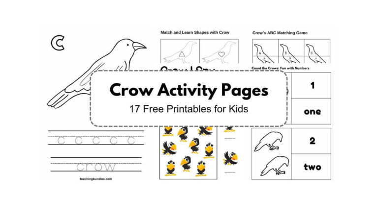 Printable crow coloring and learning worksheets for children.