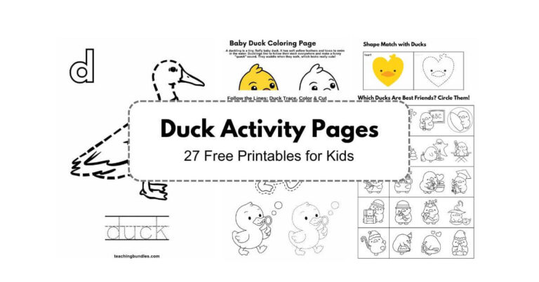 Duck-themed activity sheets for kids featuring puzzles, coloring pages, and learning games.