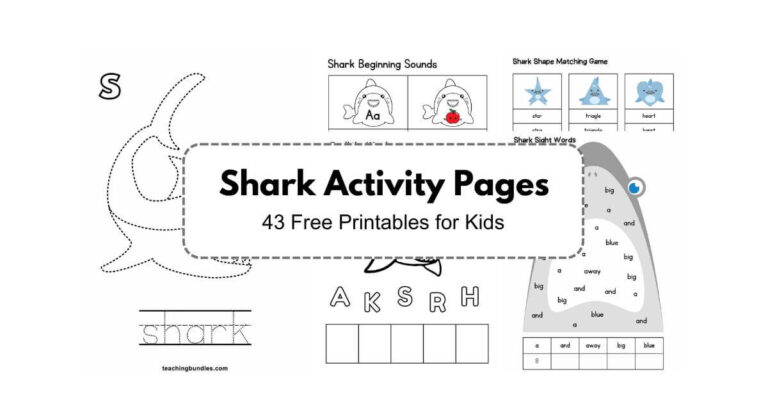 A collection of printable shark-themed activities for kids including puzzles, coloring, and games.