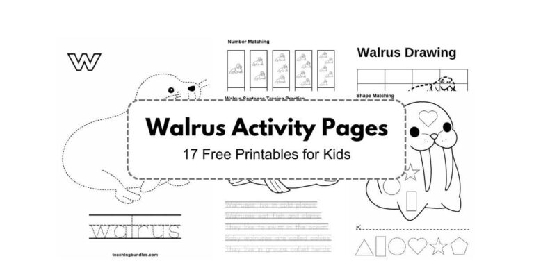 Walrus-themed activity sheets for learning and play.