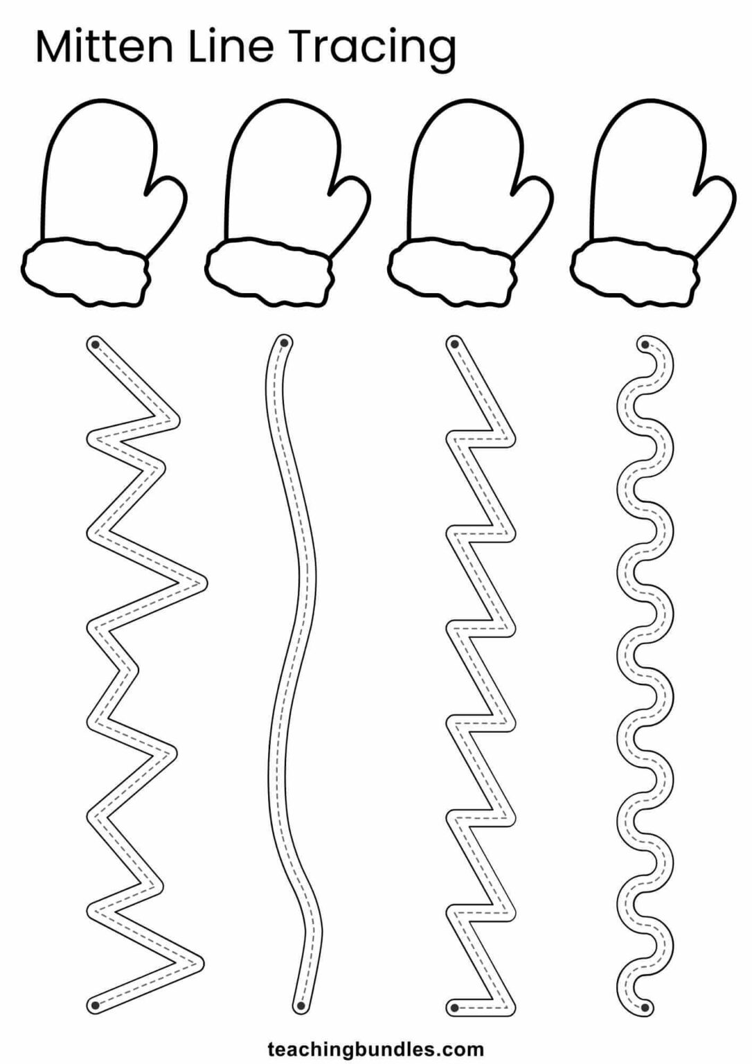 Tracing Mitten Pattern Mittens Tracing Worksheets - Teachingbundles