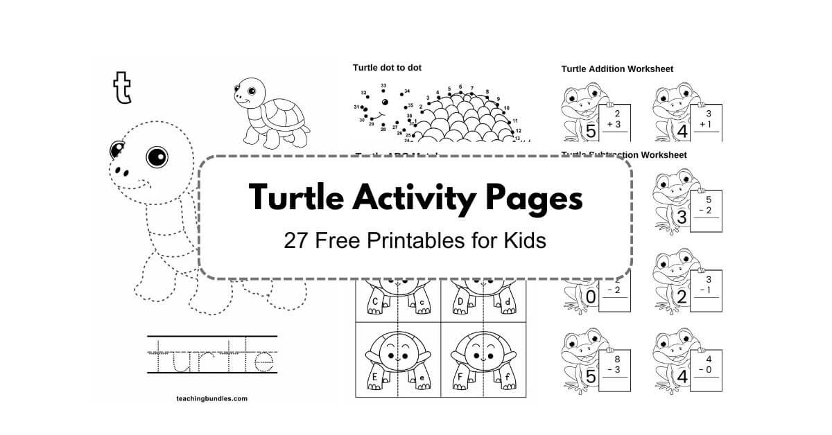 Turtle‑themed activity sheets with fun coloring, early math, and handwriting practice for preschoolers.