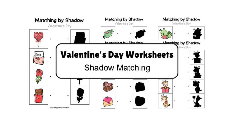 Printable Valentine’s Day shadow matching worksheets for preschool learning with roses, cupcakes, balloons, and chocolates.
