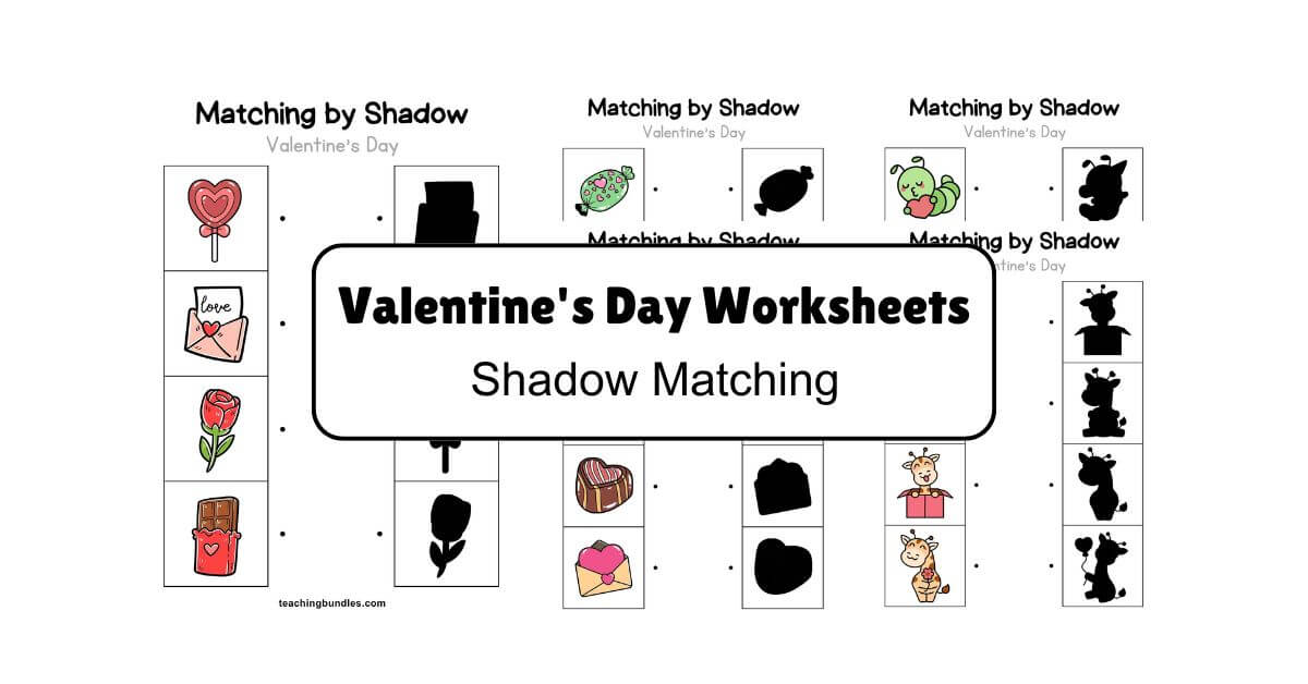 Printable Valentine’s Day shadow matching worksheets for preschool learning with roses, cupcakes, balloons, and chocolates.