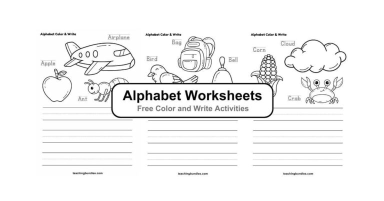 Coloring pages with handwriting practice for A-Z: Ant to Zipper.