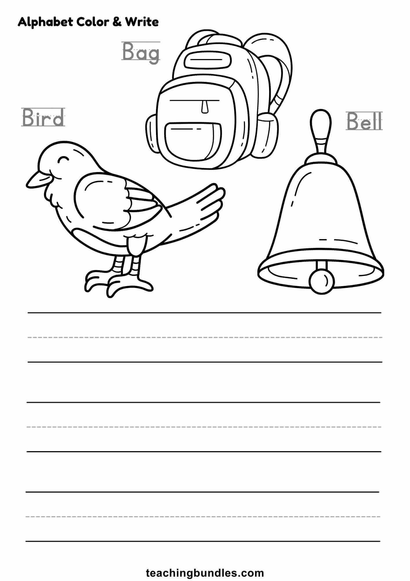 Letter B worksheet with bird, bag, and bell illustrations.