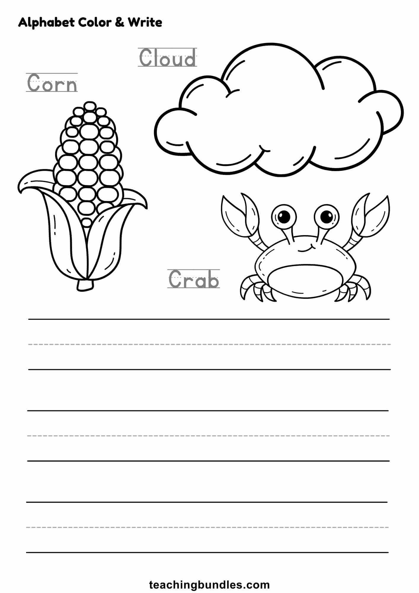 Worksheet for letter C practice with corn, cloud, and crab.
