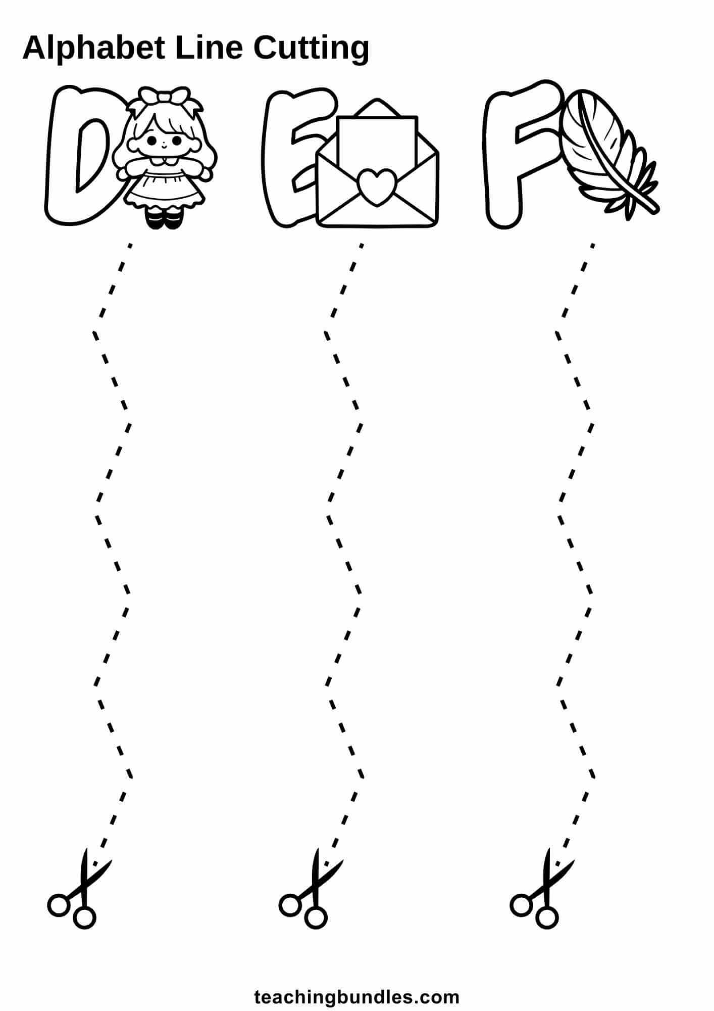 Alphabet line cutting D doll, E envelope, F feather to scissors.