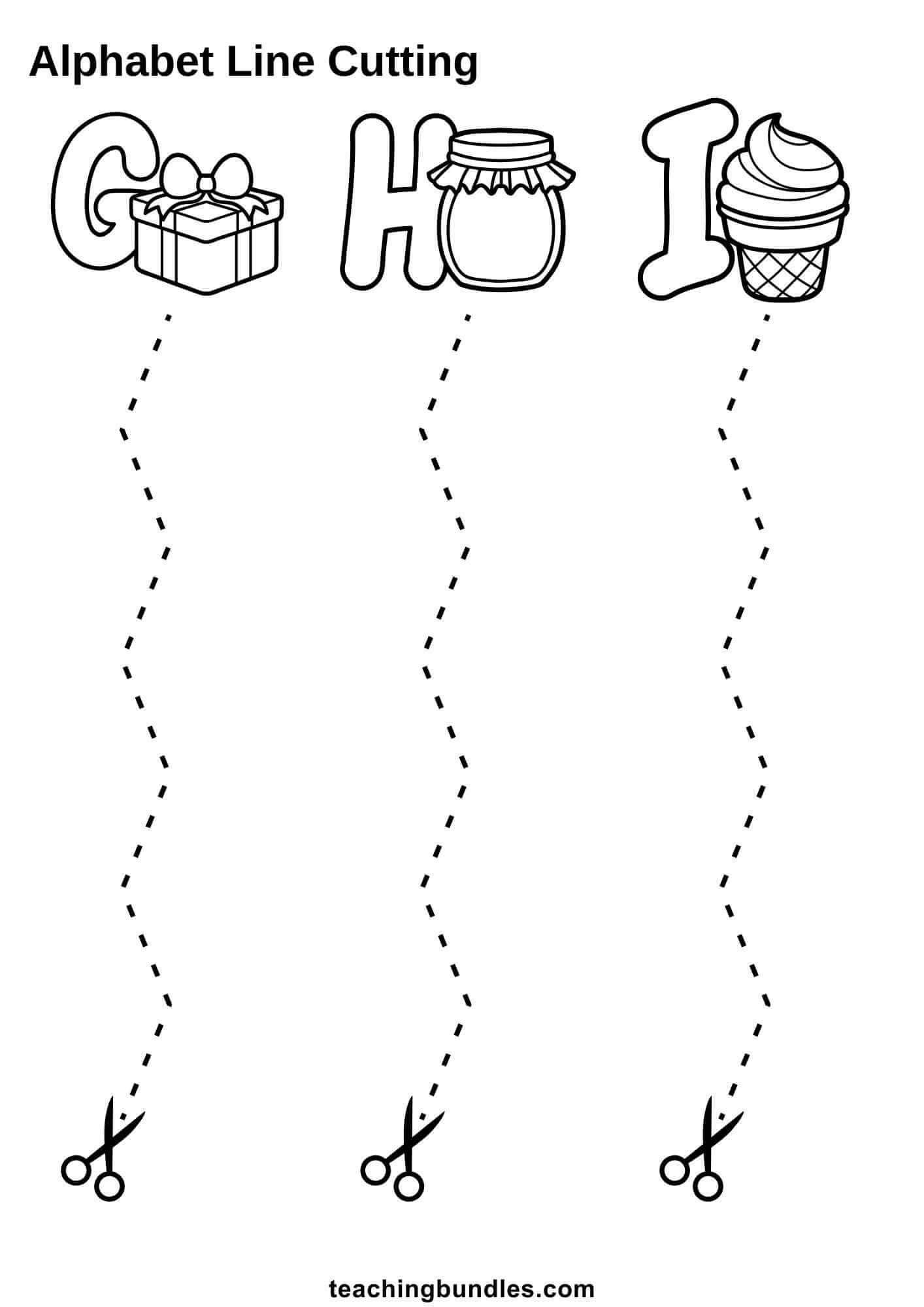 Alphabet line cutting G gift, H honey jar, I ice cream to scissors.