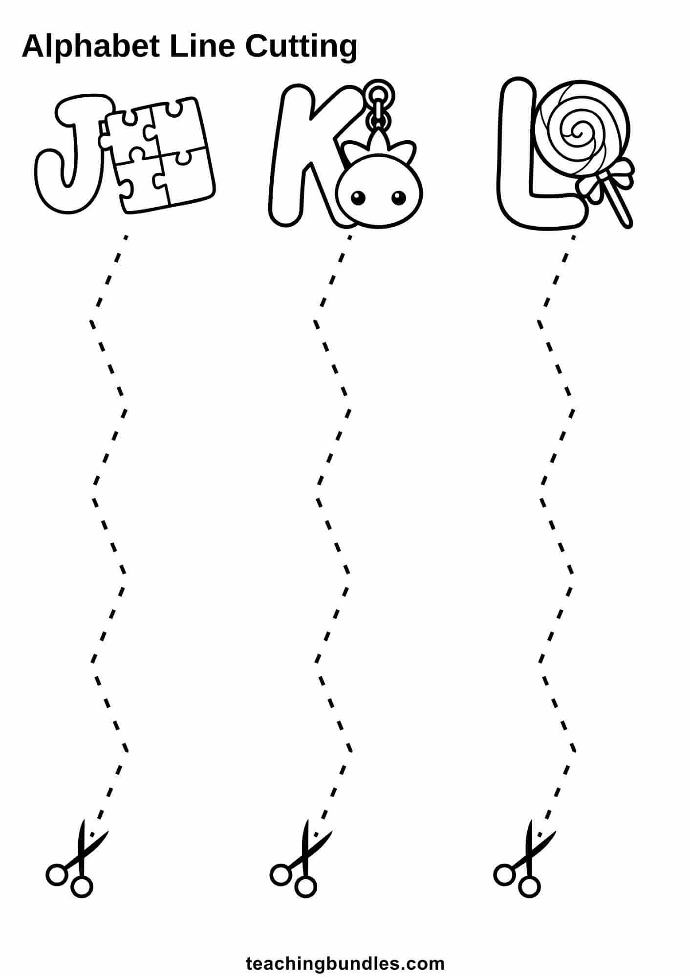 Alphabet line cutting J jigsaw puzzle, K keychain, L lollipop to scissors.