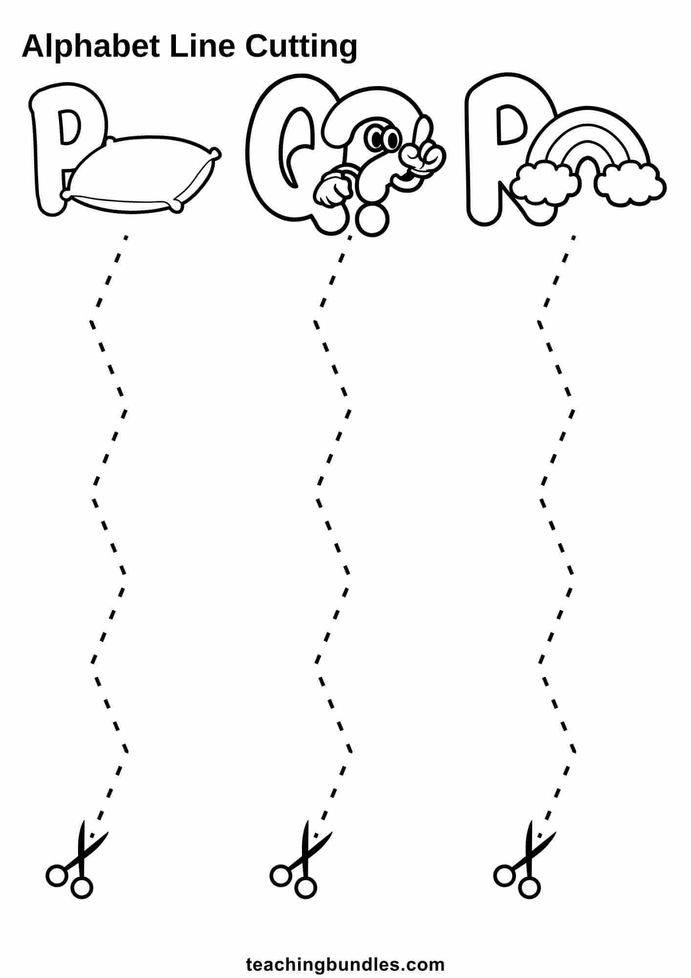 Alphabet line cutting P pillow, Q question mark, R rainbow to scissors.