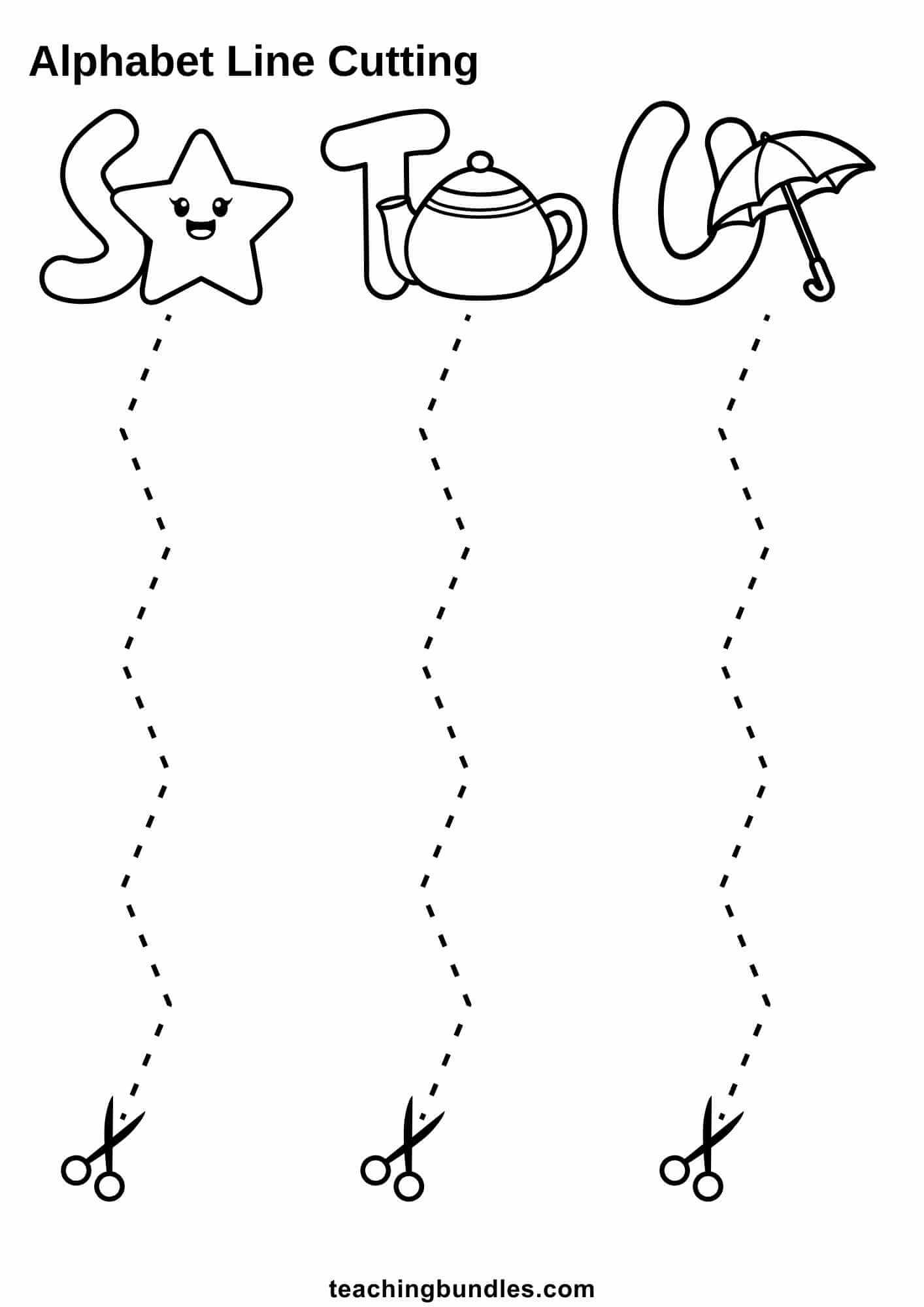 Alphabet line cutting S star, T teapot, U umbrella to scissors.