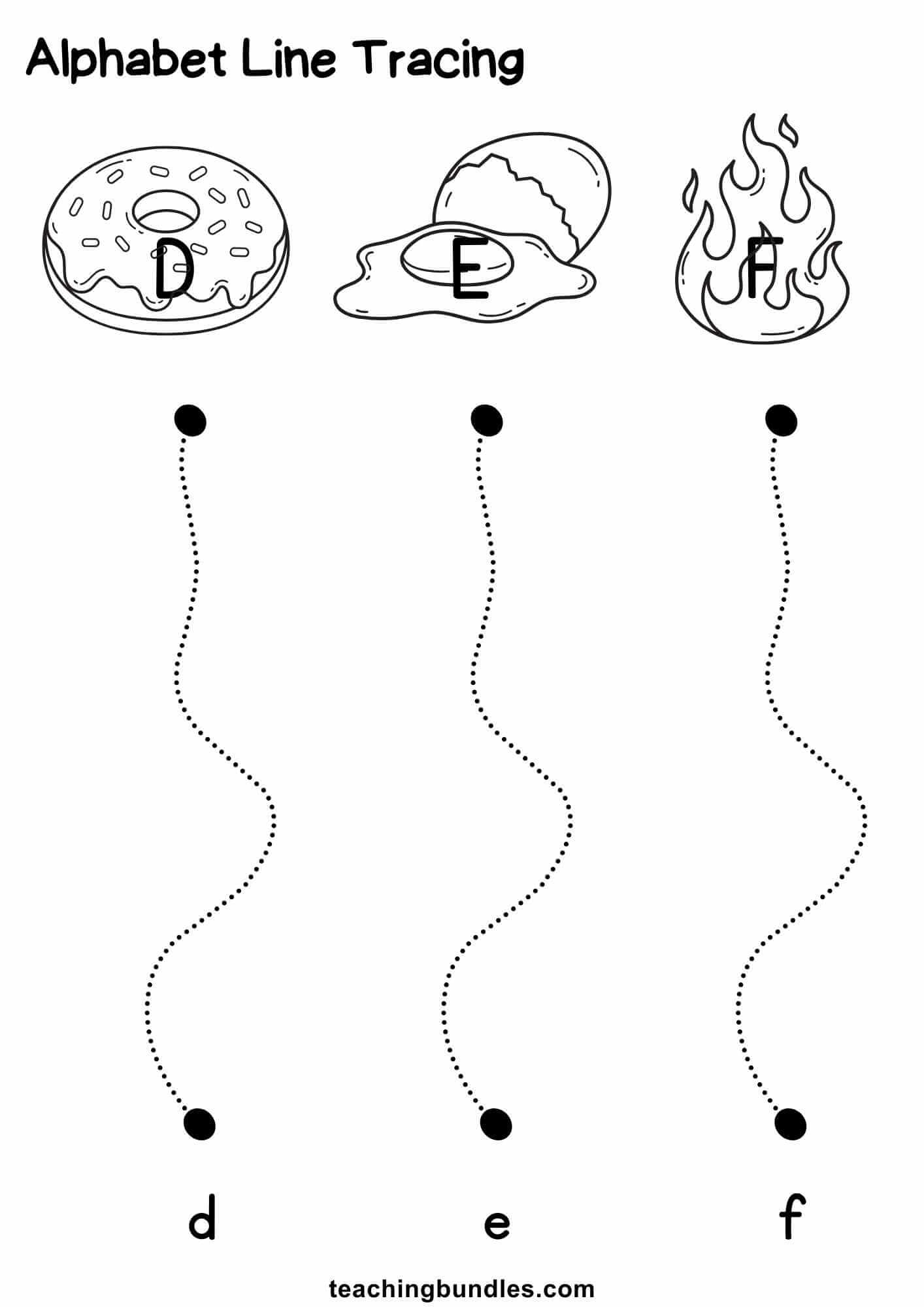 Alphabet line tracing with D donut, E egg, F flame and dotted lines to lowercase d, e, f.