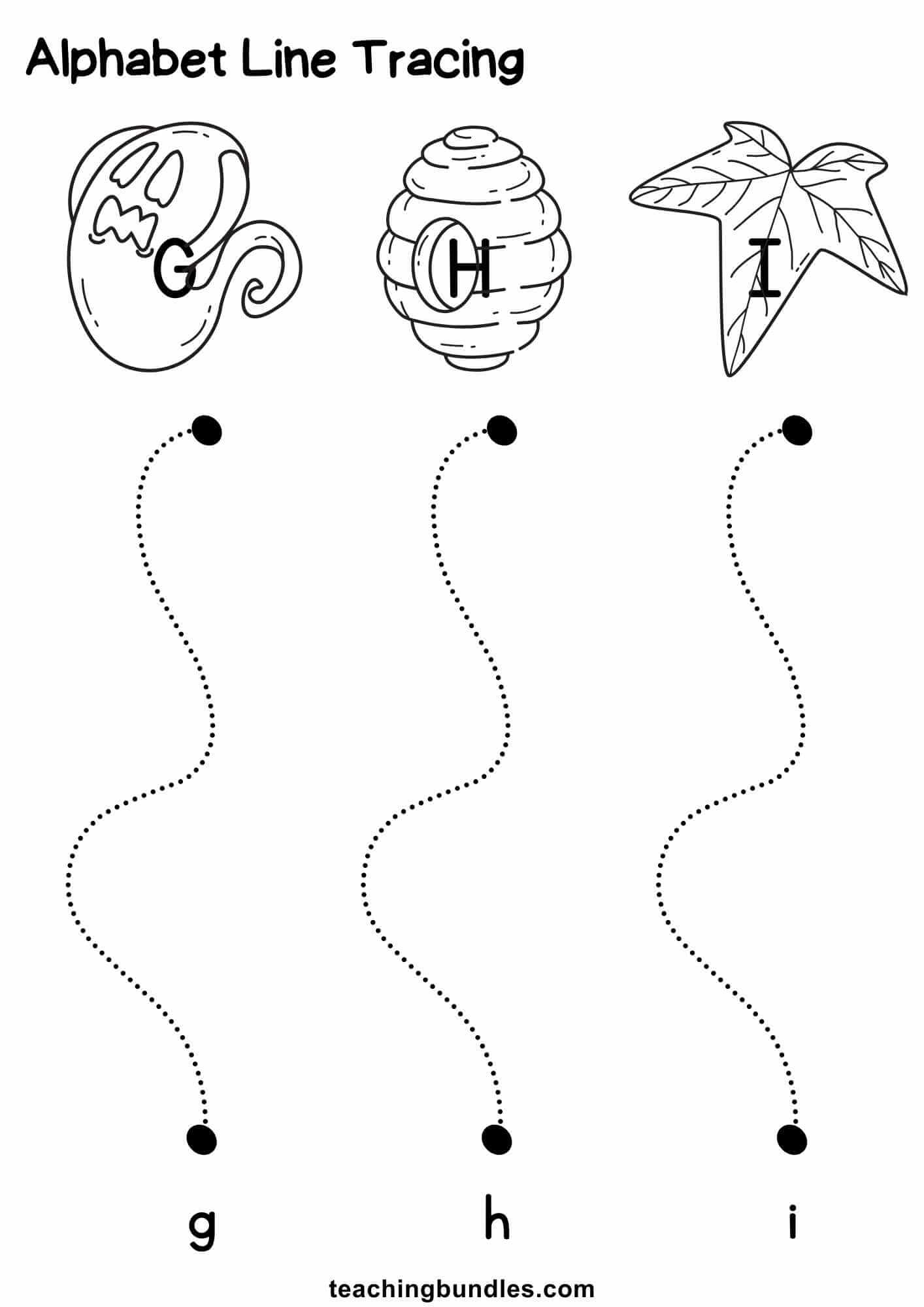 Alphabet line tracing with G ghost, H hive, I ivy and dotted lines to lowercase g, h, i.