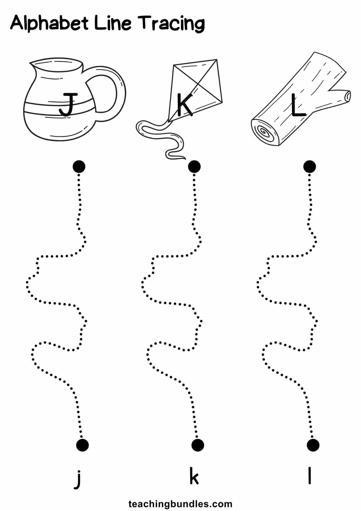 Alphabet line tracing with J jug, K kite, L log and dotted lines to lowercase j, k, l.