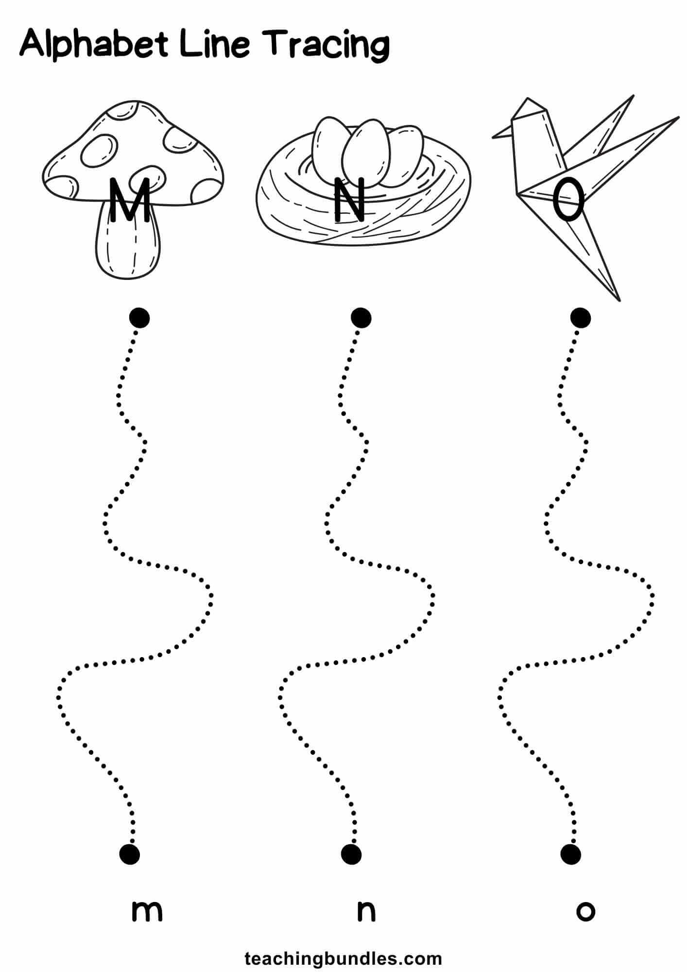 Alphabet line tracing with M mushroom, N nest, O origami and dotted lines to lowercase m, n, o.