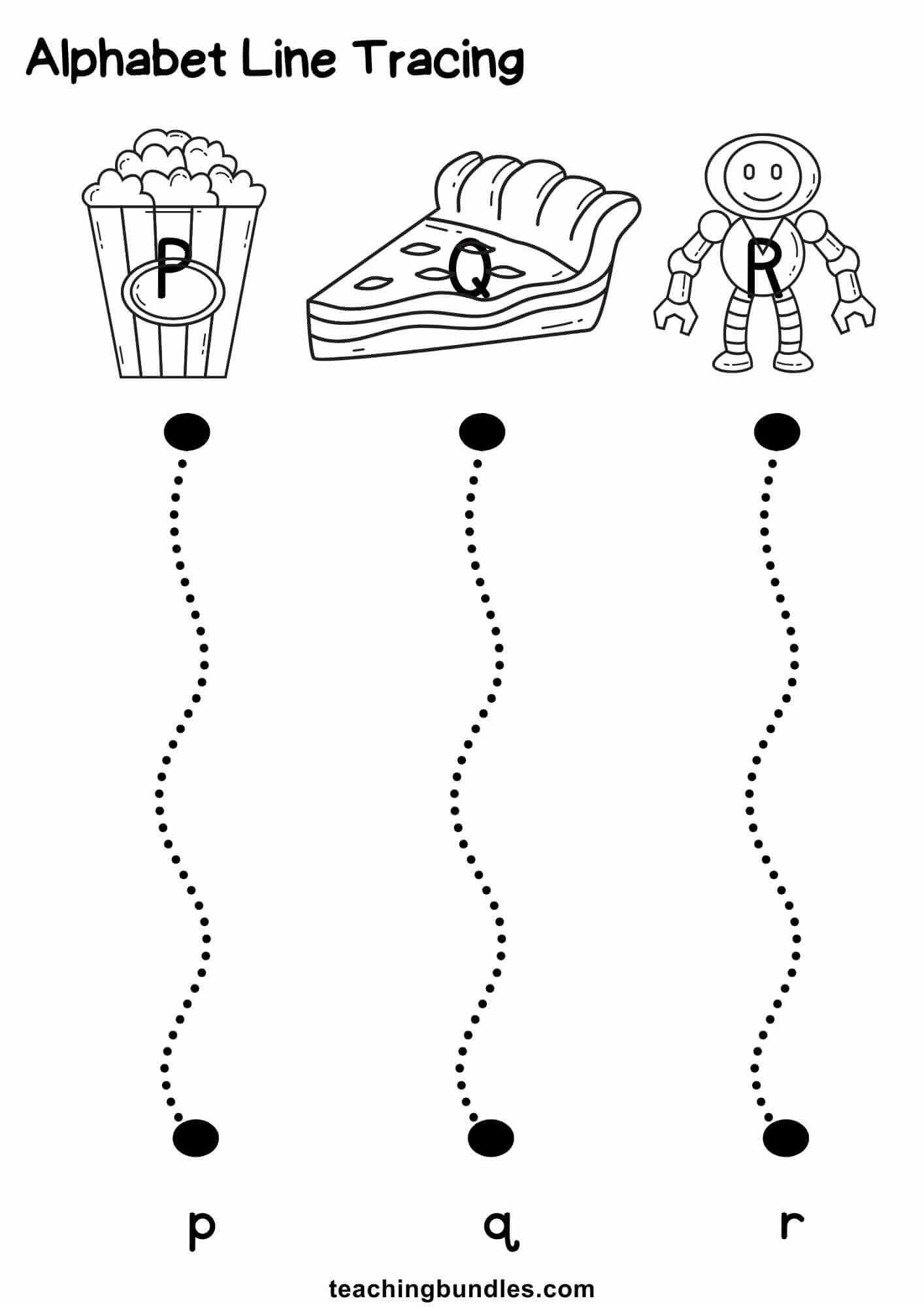 Alphabet line tracing with P popcorn, Q quiche, R robot and dotted lines to lowercase p, q, r.
