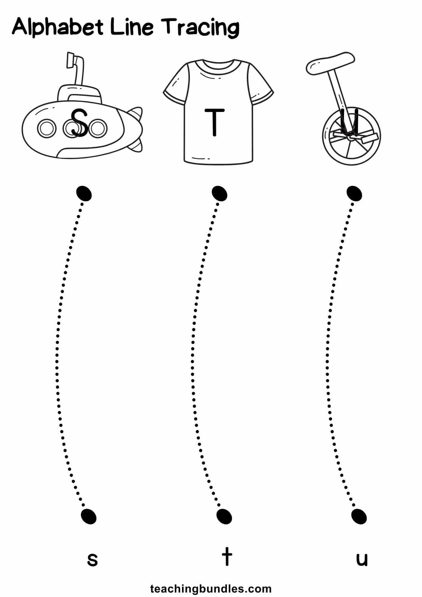 Alphabet line tracing with S submarine, T T-shirt, U unicycle and dotted lines to lowercase s, t, u.