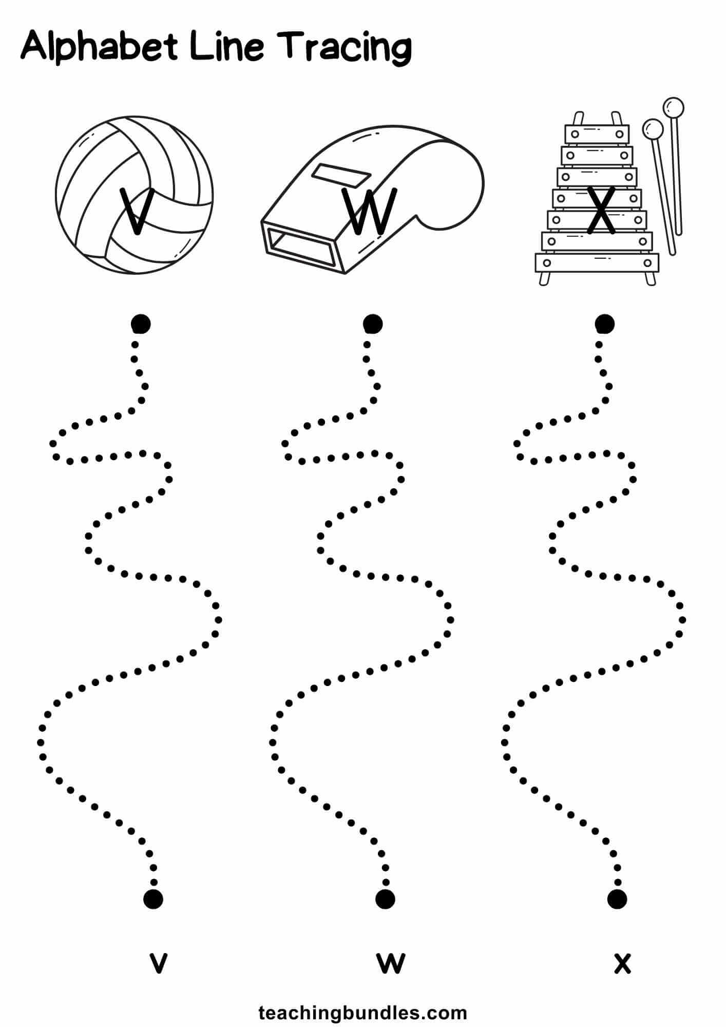 Alphabet line tracing with V volleyball, W whistle, X xylophone and dotted lines to lowercase v, w, x.
