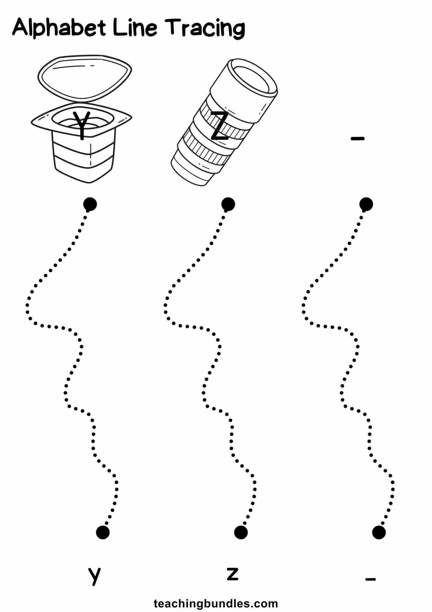 Alphabet line tracing with Y yogurt, Z zoom and dotted lines to lowercase y, z.