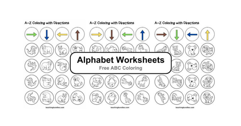 ABC coloring sheets guided by directions up down right left.