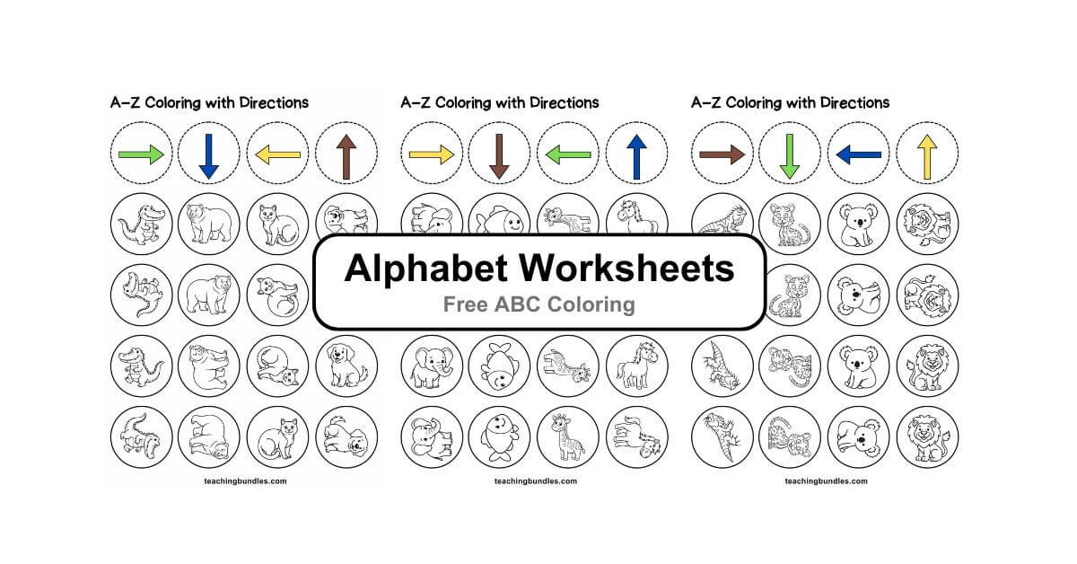 ABC coloring sheets guided by directions up down right left.