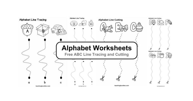 Alphabet worksheets with tracing lines and scissor cutting practice.