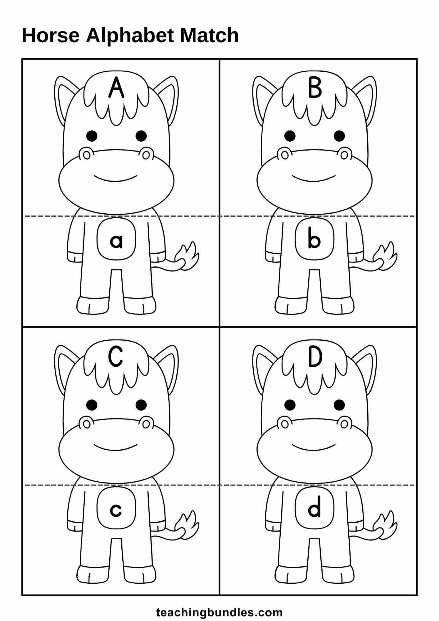 Horse-themed alphabet matching worksheet