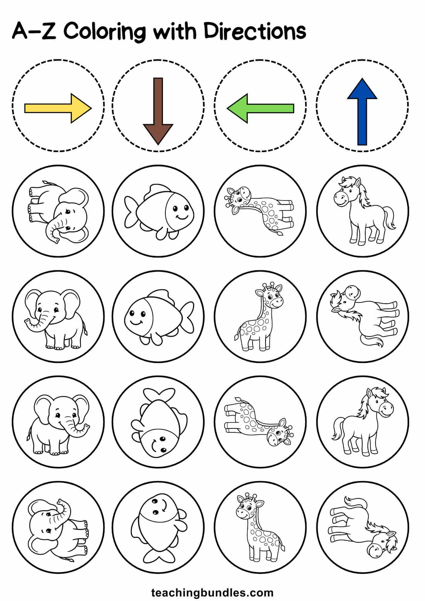 Educational worksheet combining arrows and animals to practice alphabet sounds E–H.