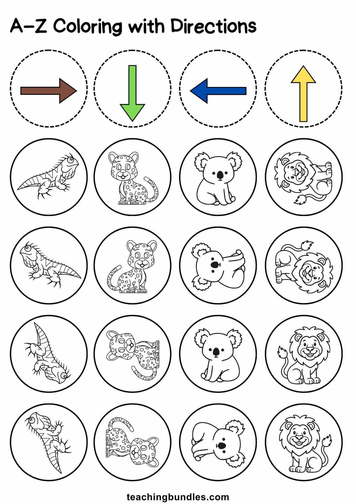 Educational worksheet combining arrows and animals to practice alphabet sounds I–L.