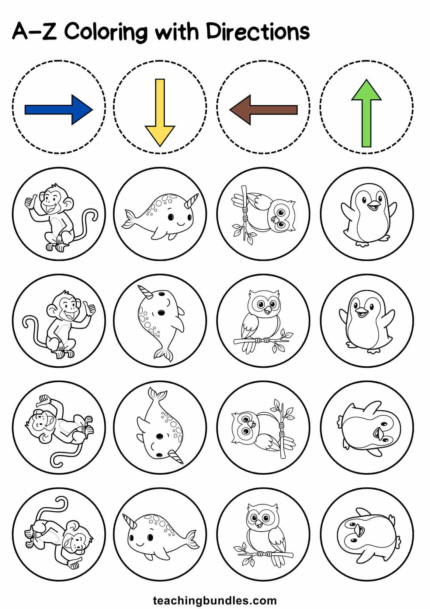 Educational worksheet combining arrows and animals to practice alphabet sounds M–P.