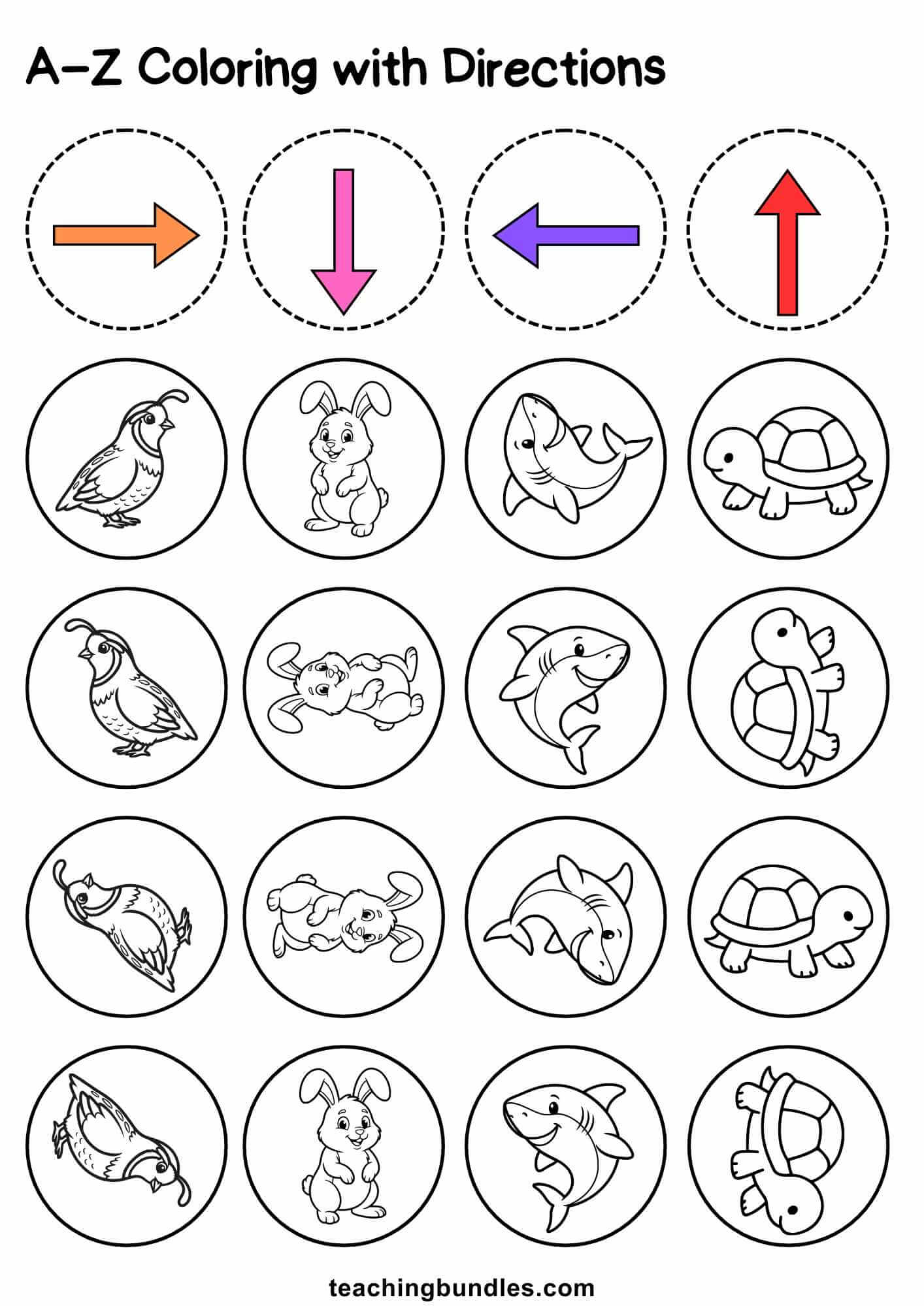 Educational worksheet combining arrows and animals to practice alphabet sounds Q–T.
