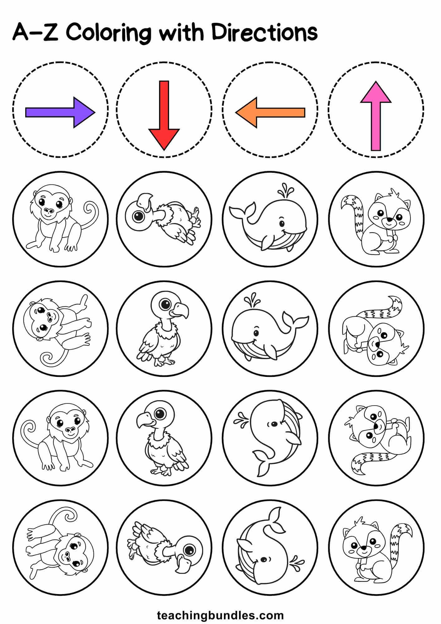 Educational worksheet combining arrows and animals to practice alphabet sounds U–X.