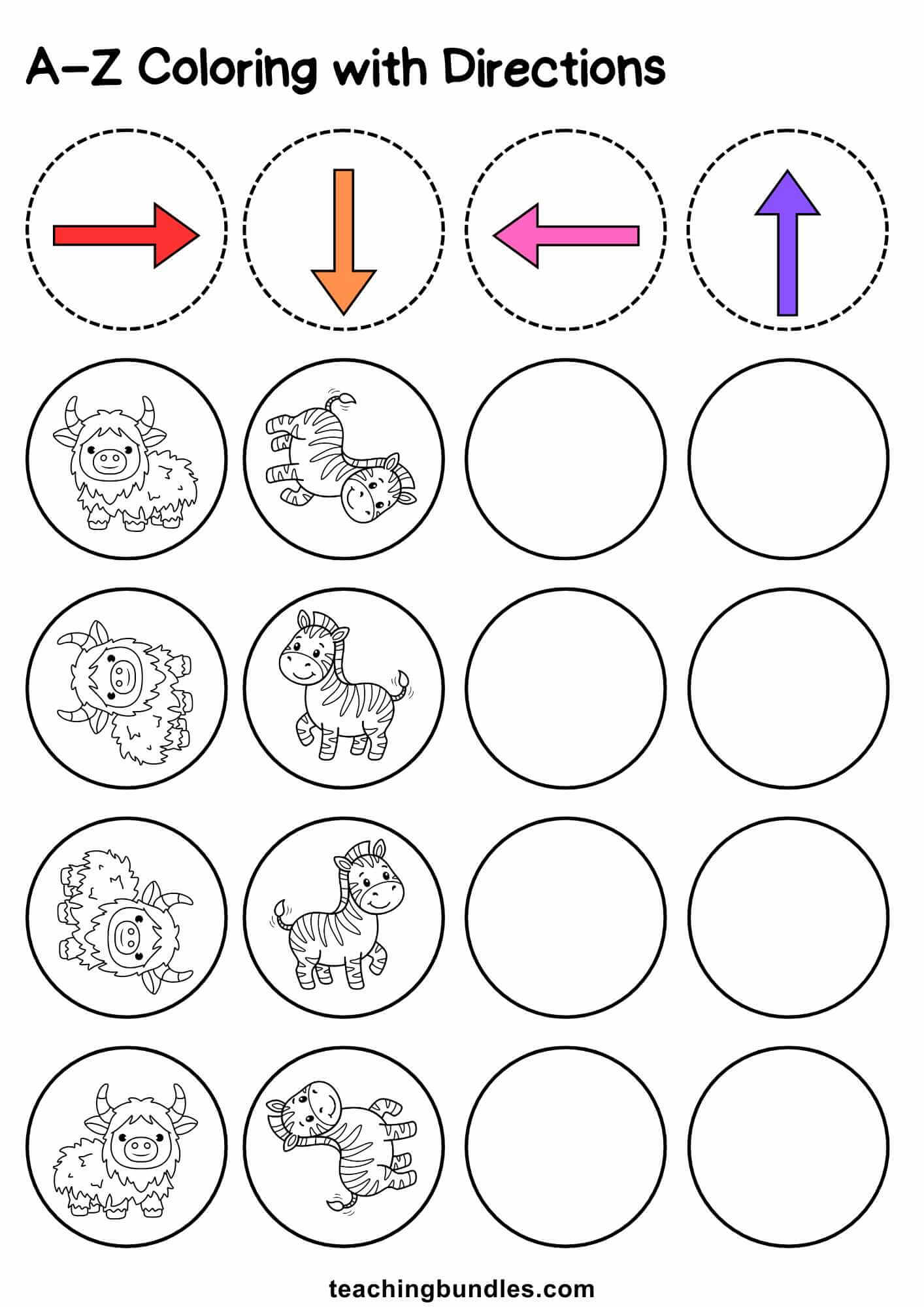 Educational worksheet combining arrows and animals to practice alphabet sounds Y–Z.