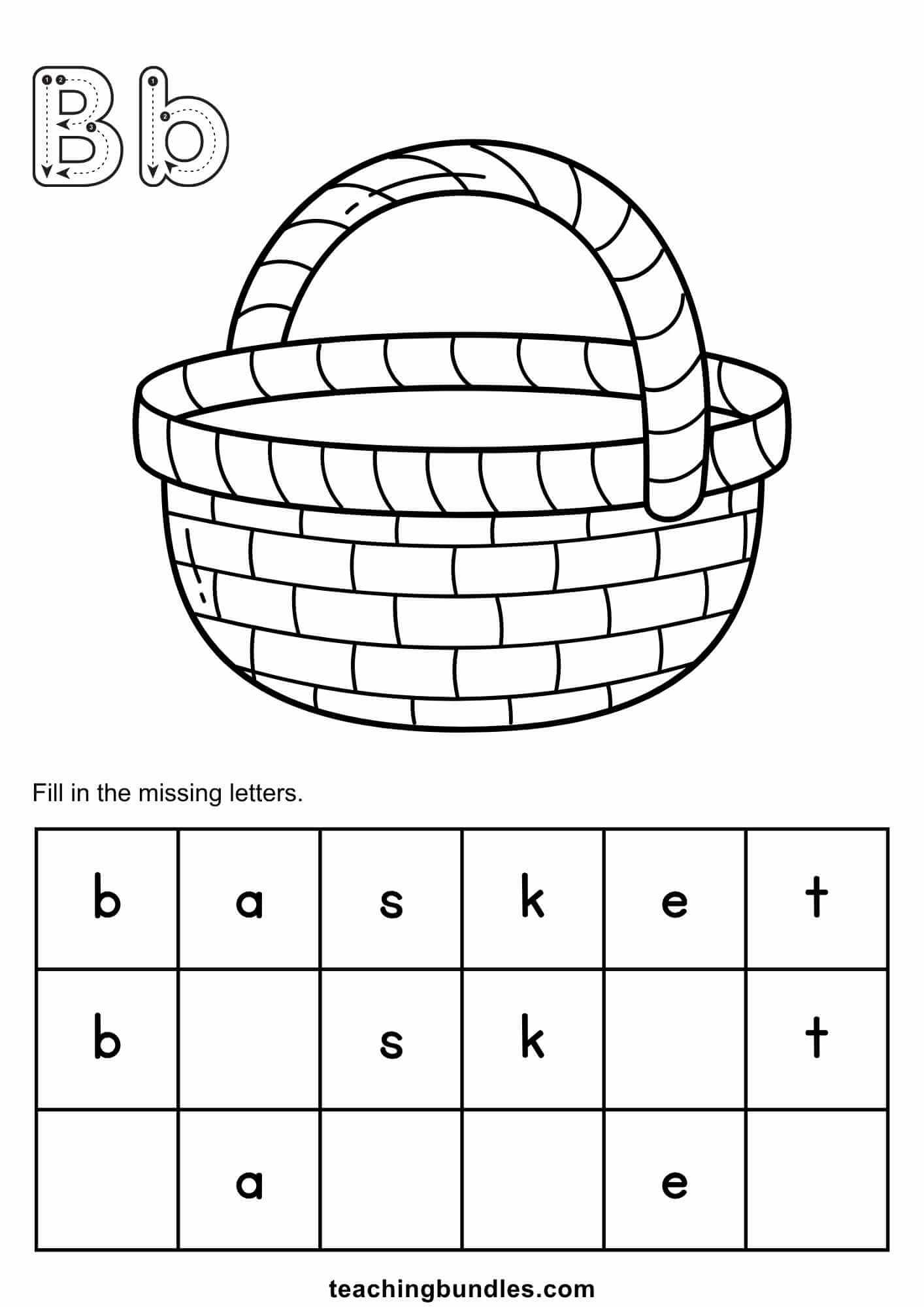 Letter B worksheet with tracing, basket coloring, and spelling practice.