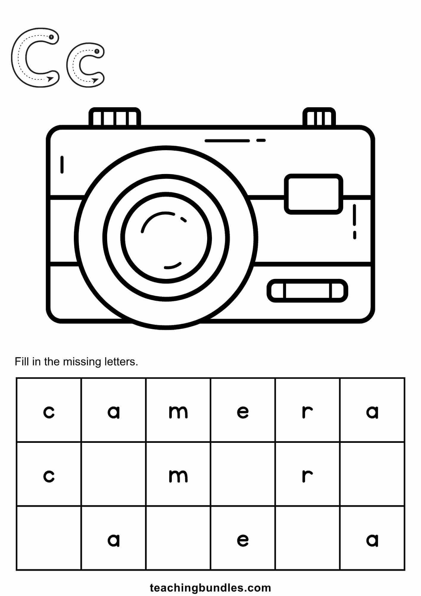 Letter C worksheet with tracing, camera coloring, and spelling practice.