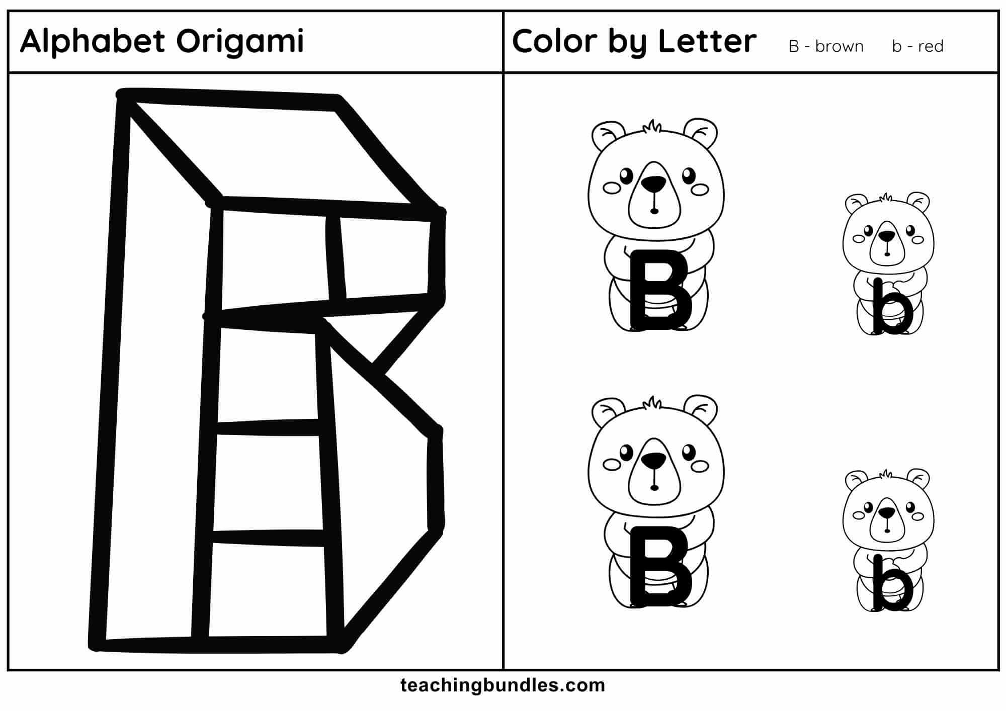 Letter B origami coloring worksheet – bear theme.
