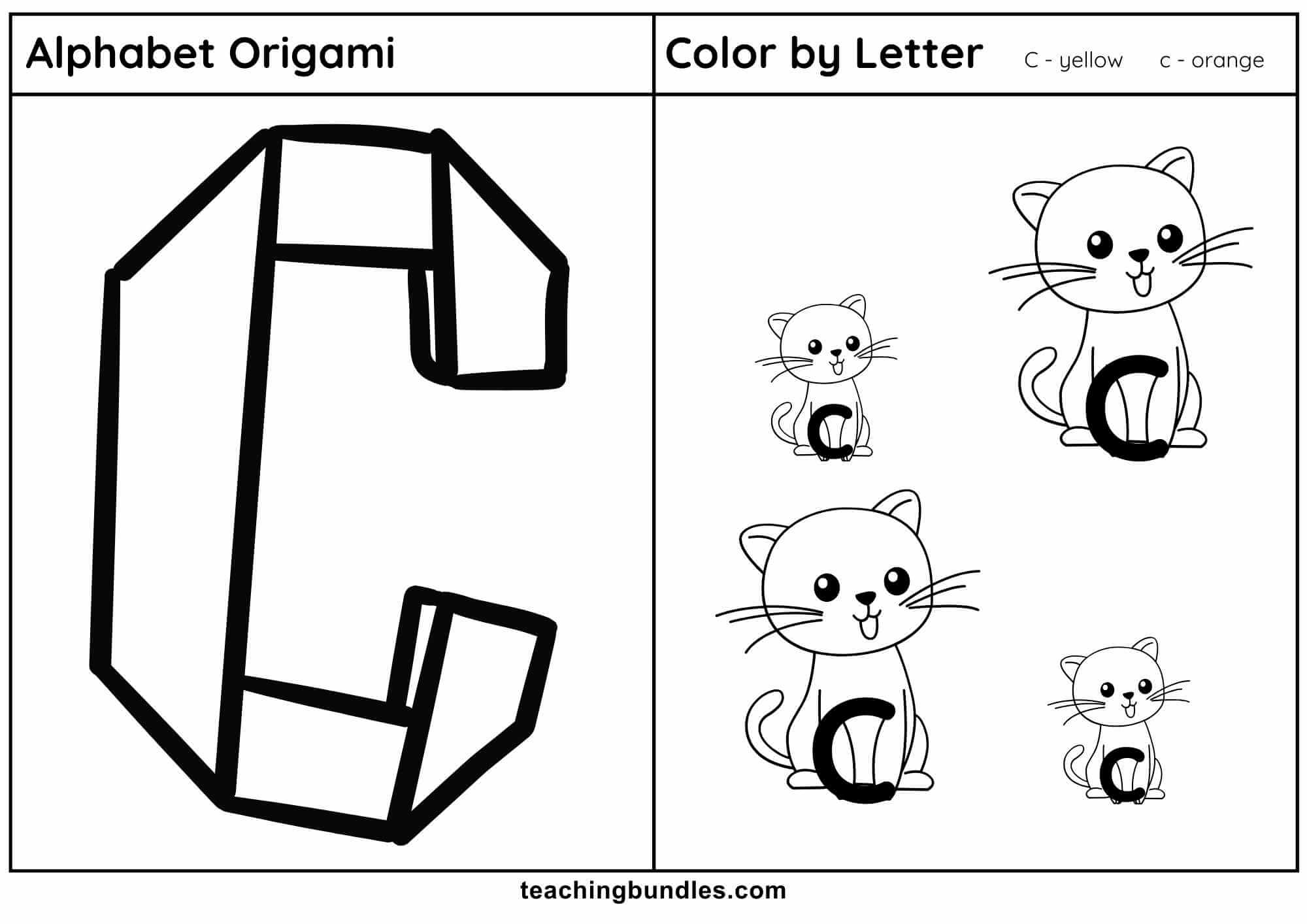 Letter C origami coloring worksheet – cat theme.