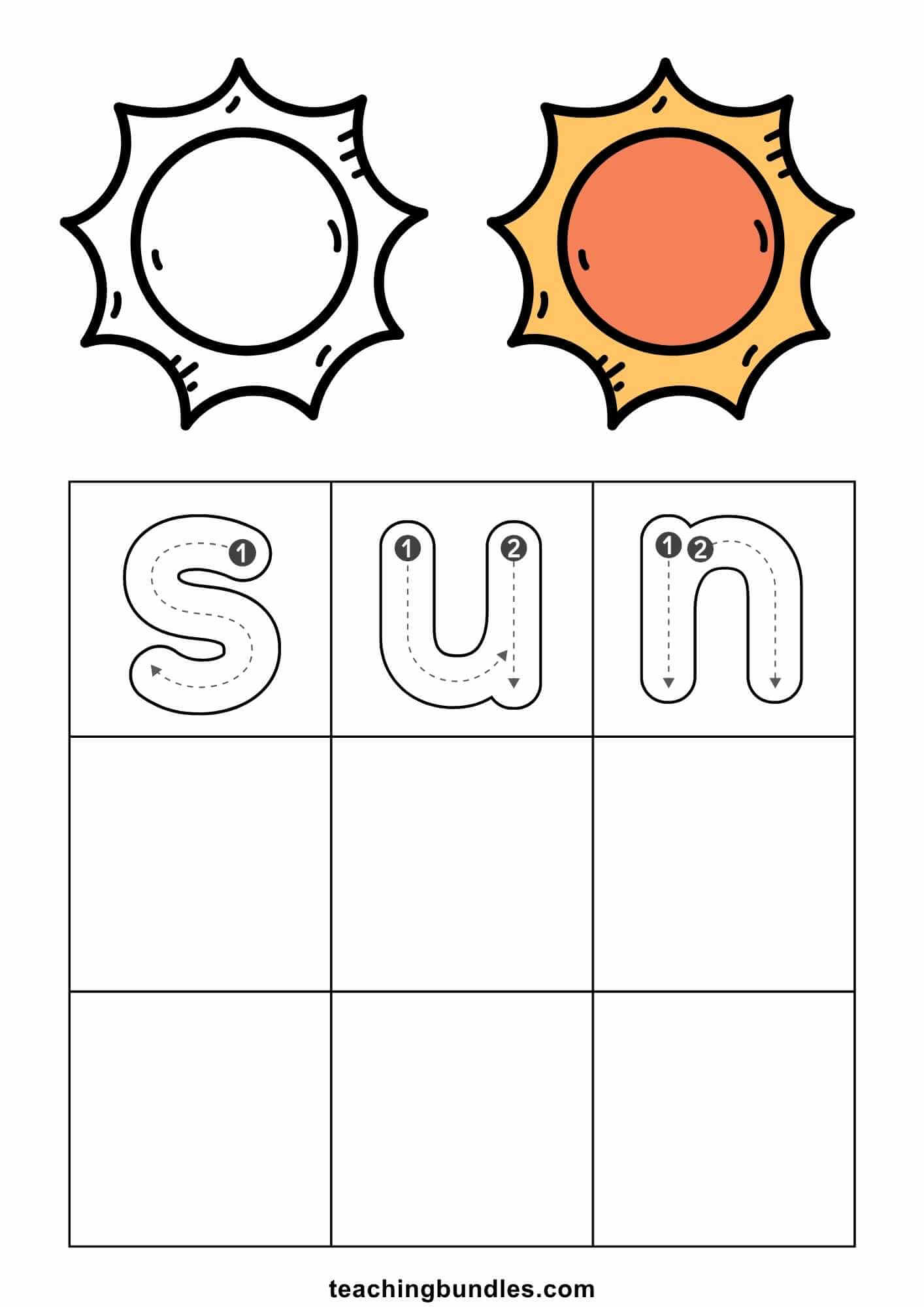 Sun word tracing worksheet